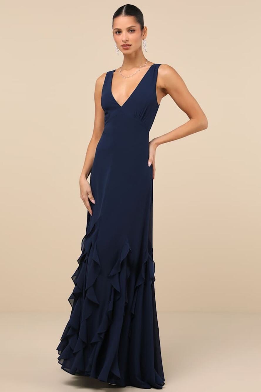 NWT Lulus Alorna Dark Navy Sleeveless Ruffled Maxi Dress Wedding Bridesmaid Sz S